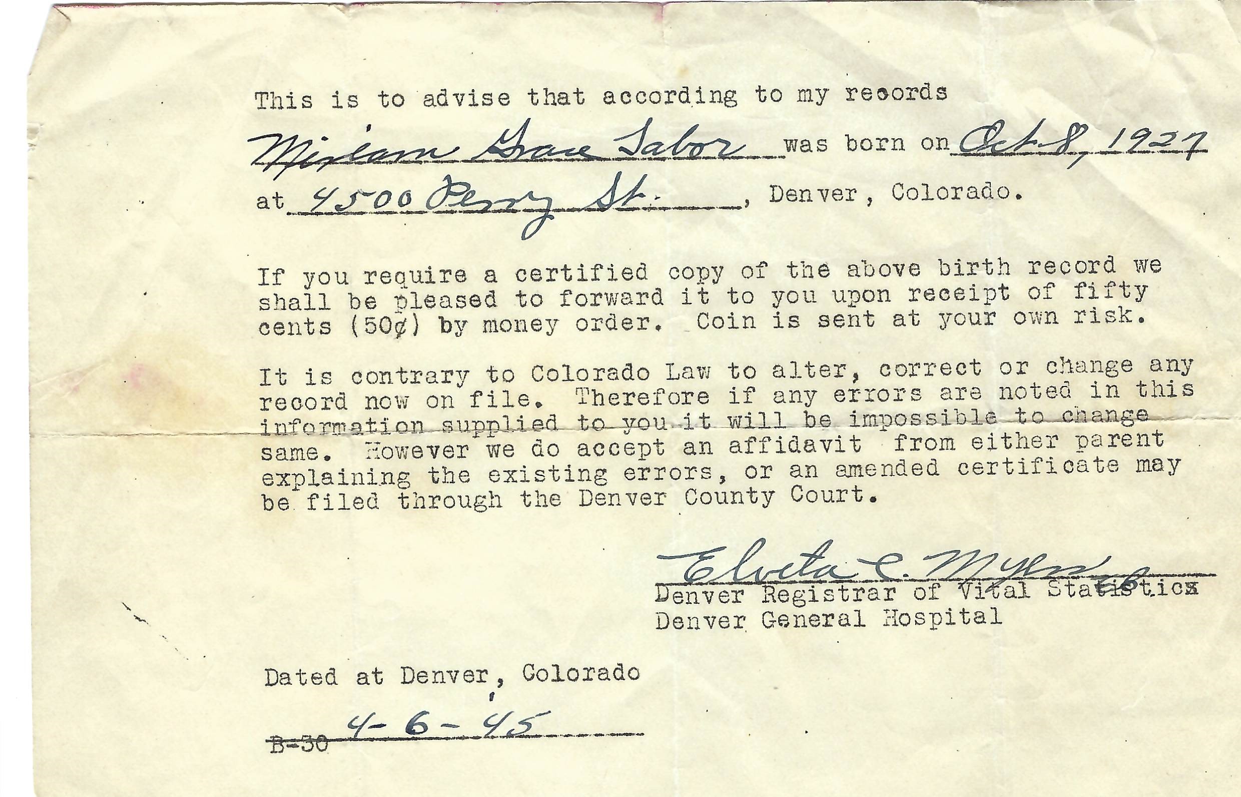 1927 10 08 Record of home birth