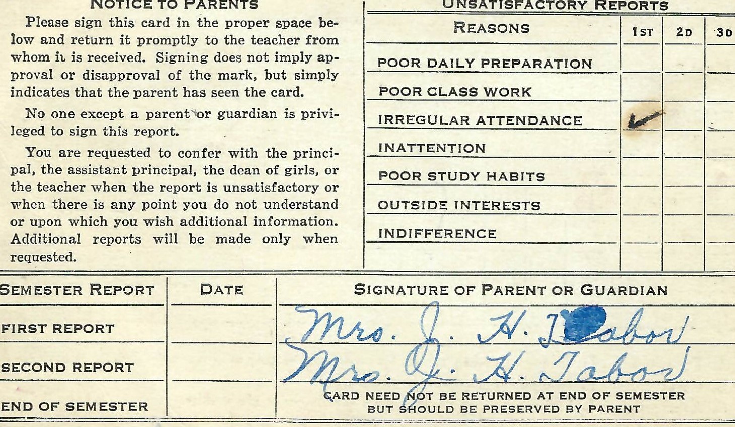 1942 (circa) Report Card North High, Denver CO Back